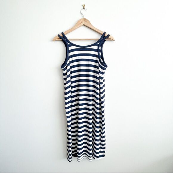 Gap Softspun Striped Dress Navy White Women's M Tall Double Spaghetti Strap NWT - Picture 2 of 7